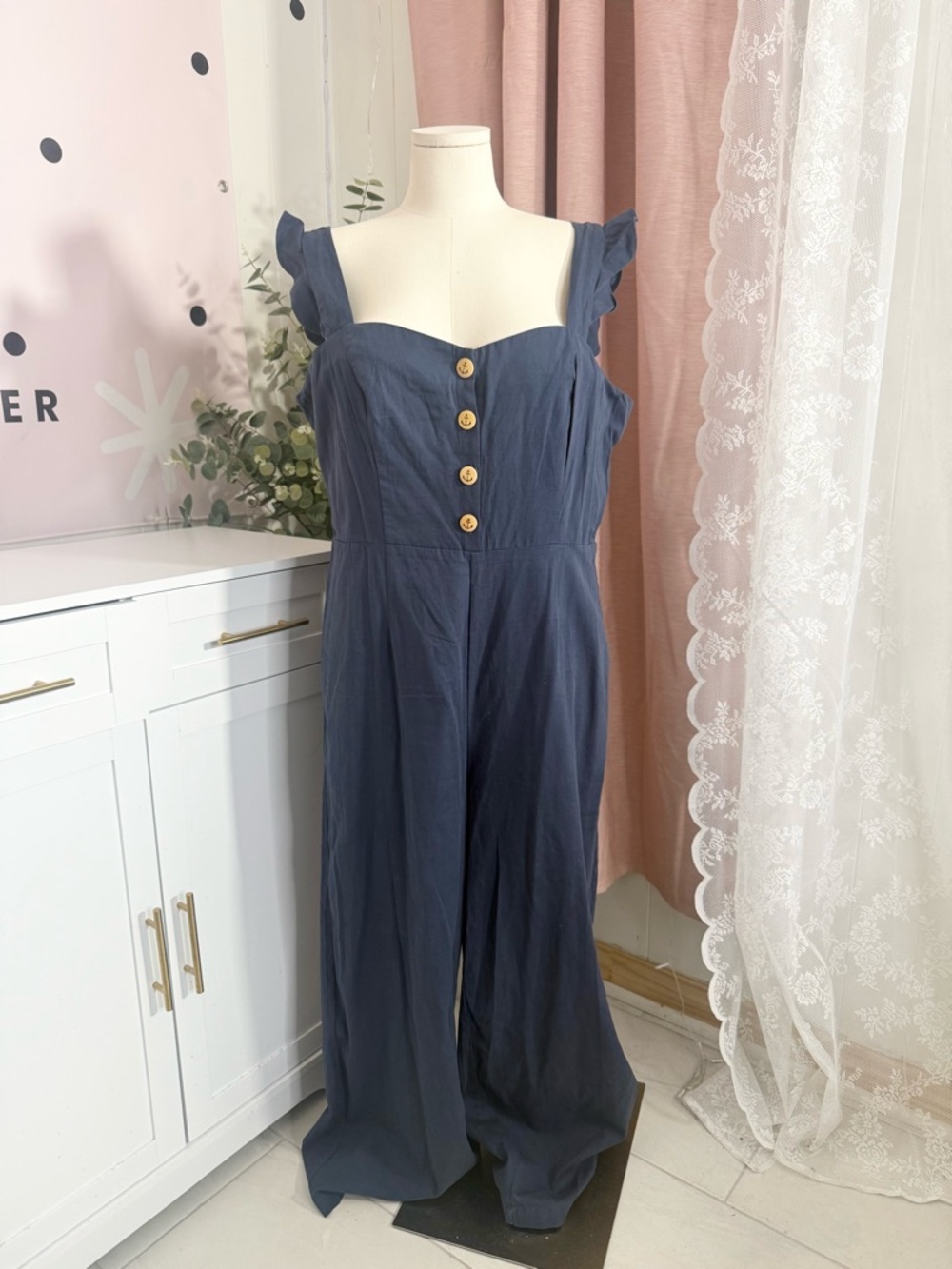 Navy Ruffle-Strap Wide-Leg Jumpsuit with Button Front BIN#11